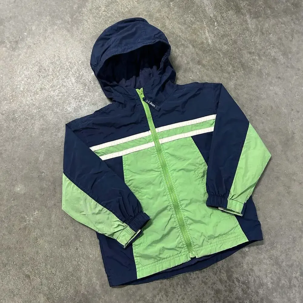 LL Bean Kids Hooded Windbreaker Jacket Navy Blue Green Colorblock Size 4